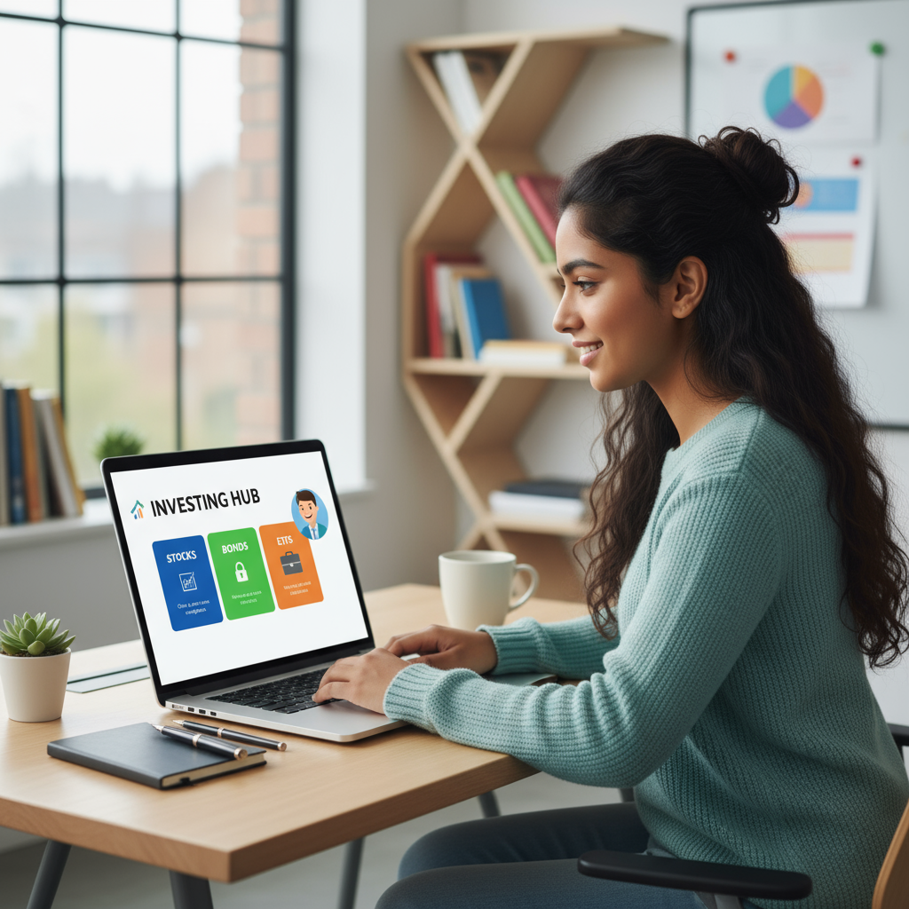 Investing Hub guide for beginners in the USA with laptop and investment charts